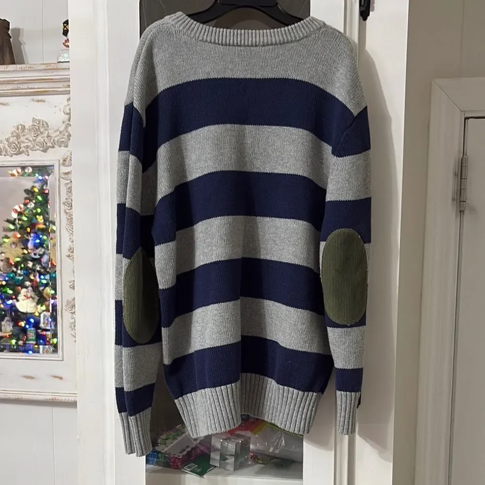 GAP Boys Gray and Navy Striped Sweater with Olive Green elbow patches Like New!